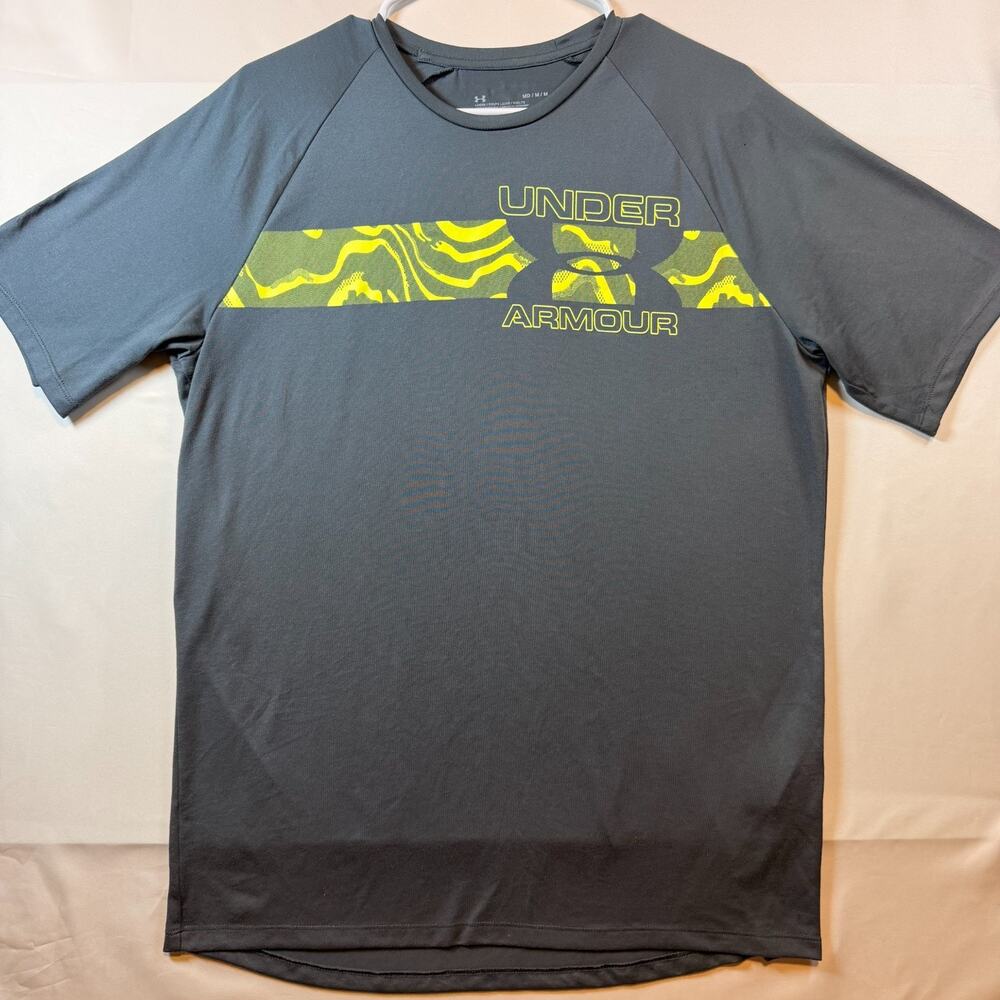 Under Armour Mens HeatGear Loose Fit Graphic T Shirt Gray Yellow Size Medium